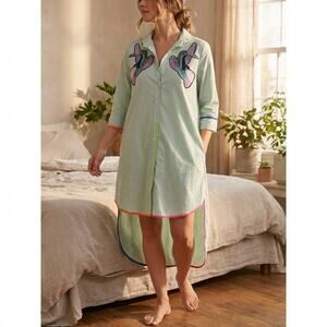 CP Company Green Button Front Nightgown Bird Embroidered Hummingbird Color Trim